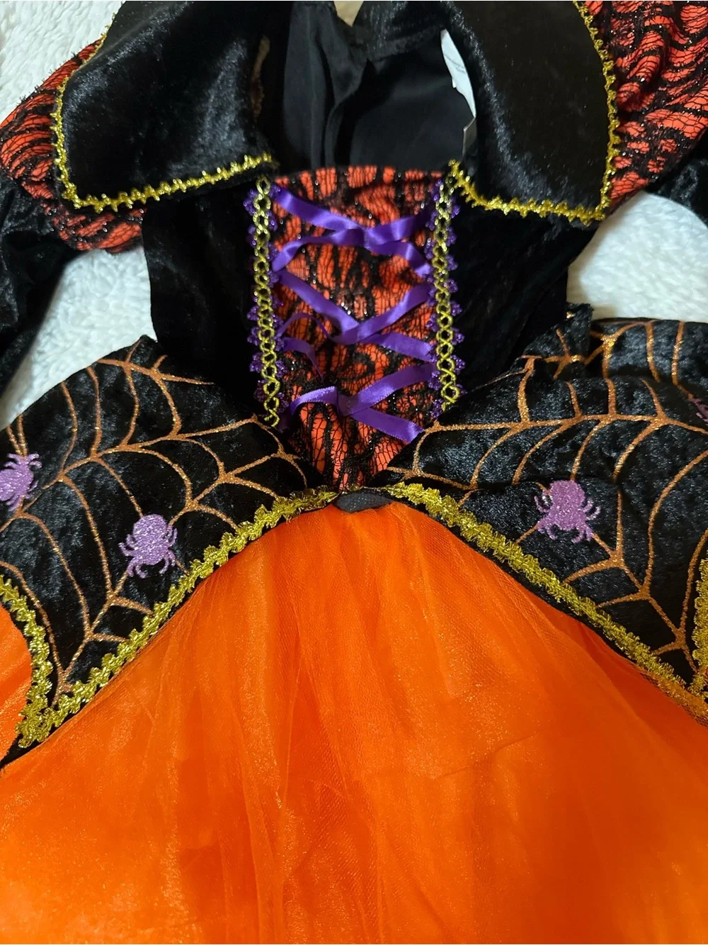 Girls Halloween Spiderweb Witch Costume Dress - Black & Orange with hat.